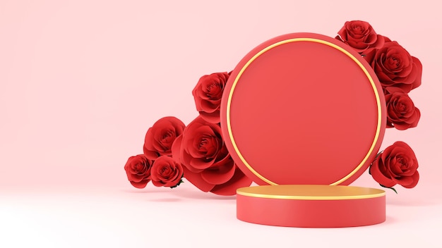 Valentine day., gift box, empty round Realistic stage, podium. Love holiday background.