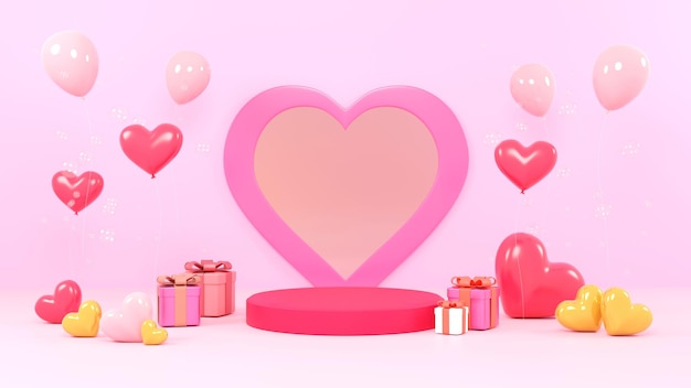 Valentine day., gift box, empty round Realistic stage, podium. Love holiday background.