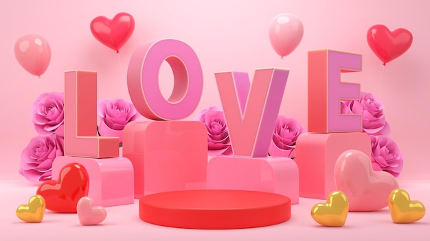 Photo valentine day., gift box, empty round realistic stage, podium. love holiday background.