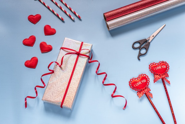 Valentine day gift box and gift wrapping supplies