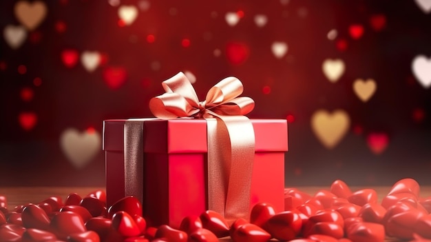 A valentine day gift box with a red bow on a red background with hearts