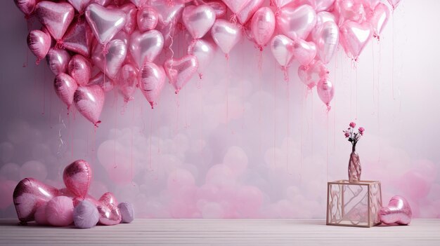 발렌타인 데이 반이는 분홍색 풍선과 케이크는 파스텔 분홍색 배경에 리본 활을 가지고 있습니다.