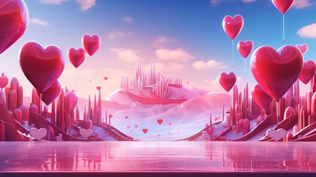 Valentine Day greeting card with surreal romantic landscape full of hearts