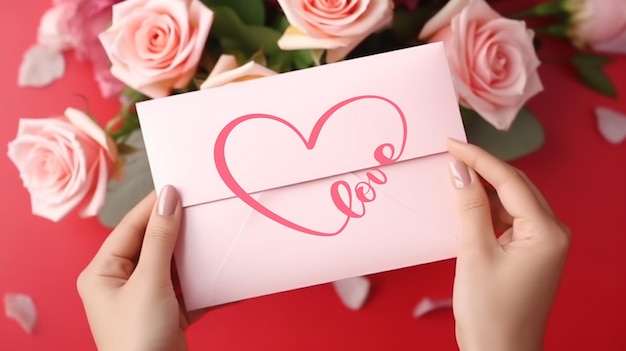 写真 女性の手のバレンタインデーのグリーティング カード、バレンタインデーのグリーティング カードのバラの封筒