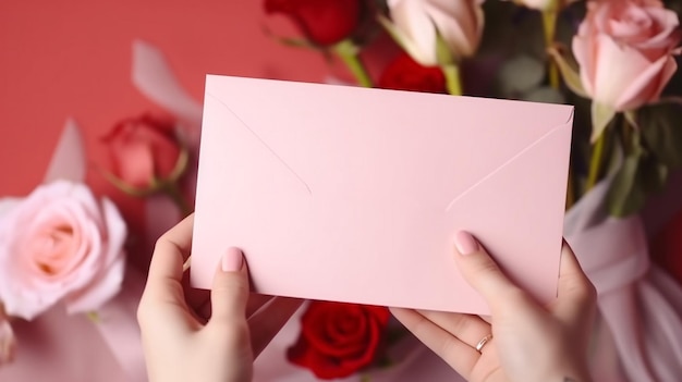 Valentine day greetings card in woman hand envelope for Valentines day greetings card roses