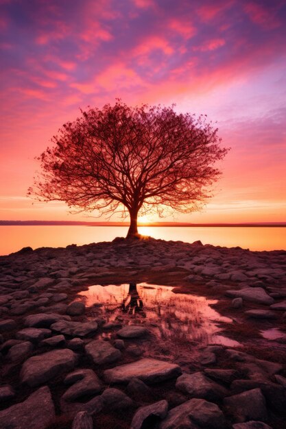  ⁇ 런타인데이 핑크색 심장 모양의 나무가 해가 지는 모습