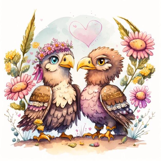 Valentine Day Watercolor animals flowers and hearts love couple Generative AI