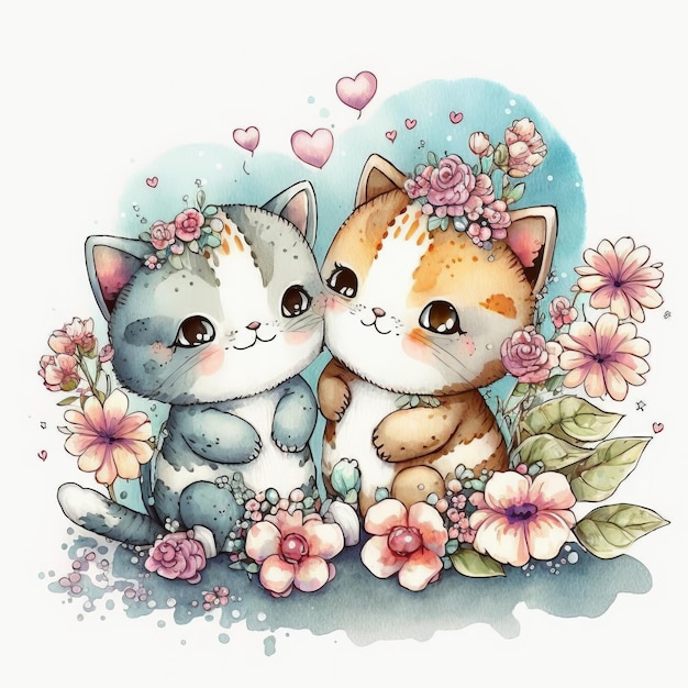 Valentine Day Watercolor animals flowers and hearts love couple Generative AI