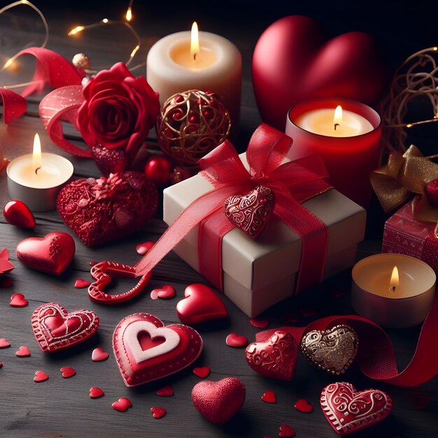 valentine day with decorative hearts candles and gifts on a dark wooden background