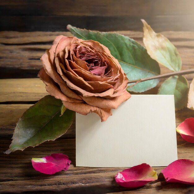 Foto decorazione di valentine rosa secca e foglia con carta di saluto bianca