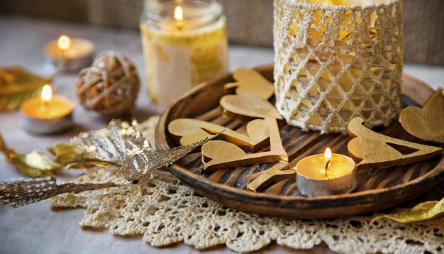 valentine decoration handmade wooden letters golden leaves ans lace candles