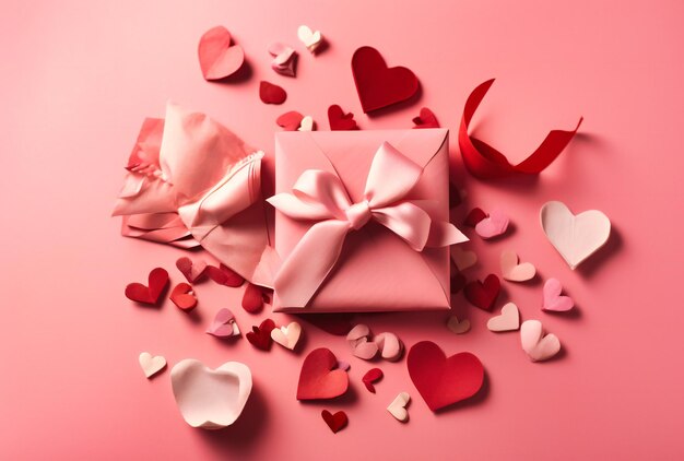 Valentine envelope hearts and ribbon on a pink background