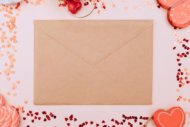 Valentine envelope on a pink background. In a circle there are caramel hearts, sweets, a wicker basket. space for text