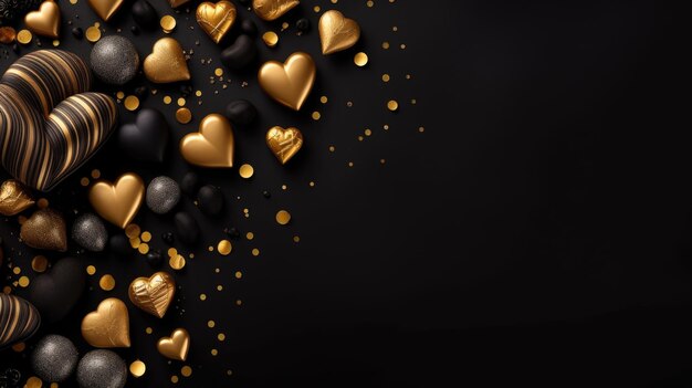 Валентинская плоская композиция с элегантными черными и золотыми элементами Роскошный праздничный Генеративный ИИ