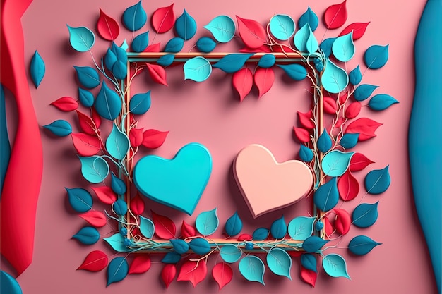 Valentine frame and banner Red blue cyan pink decoration flat lay romantic Love and valentine day concept Generative AI