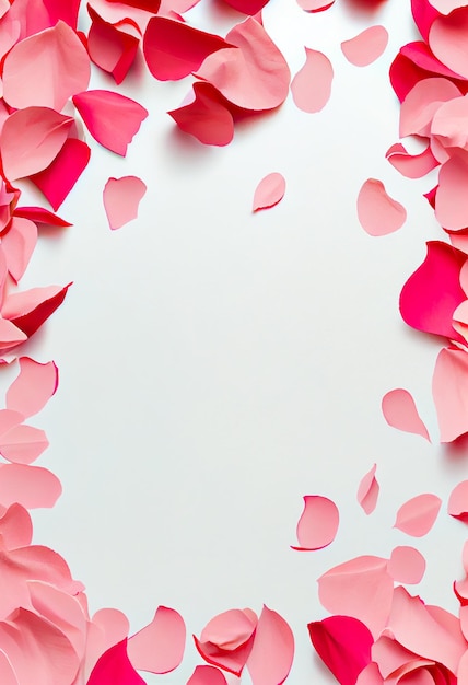 Valentine frame made of rose flowers confetti on white background