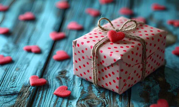 valentine gift box with small and red hearts on light wood background