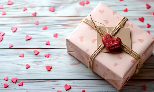 valentine gift box with small and red hearts on light wood background