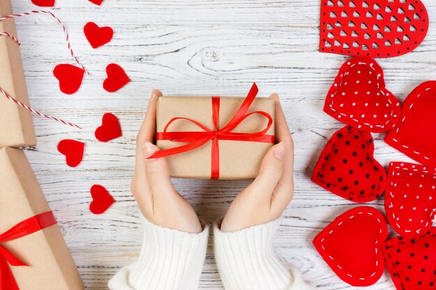 Valentine gift in holiday decoration,  copyspace 