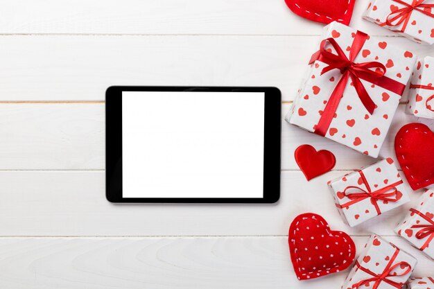 Valentine gift in holiday decoration, copyspace 