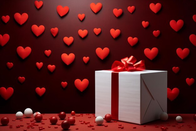 Valentine gift with red hearts and a cardboard box