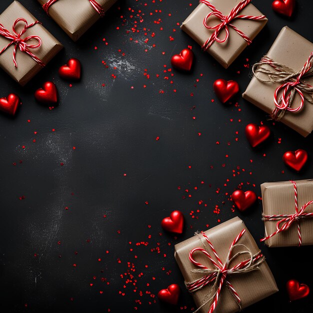 valentine gifts and red hearts with baloons on black background valentines day