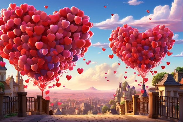 사진 generative ai로 만든 하늘에 있는 발렌타인 발로니의 심장 일러스트레이션.