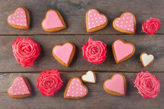 Valentine heart cookies on wooden background