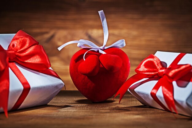 Valentine heart and giftboxes closeup