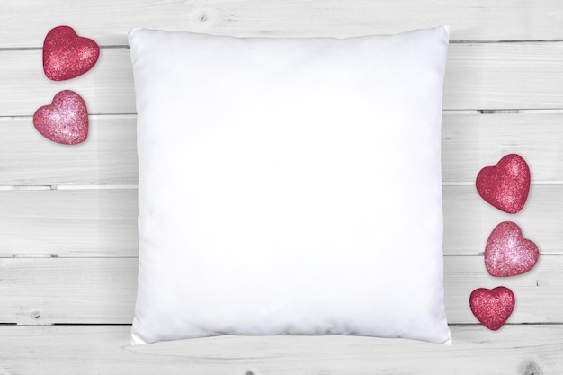 Valentine Inspired Throw Pillow Mockup on White Wood