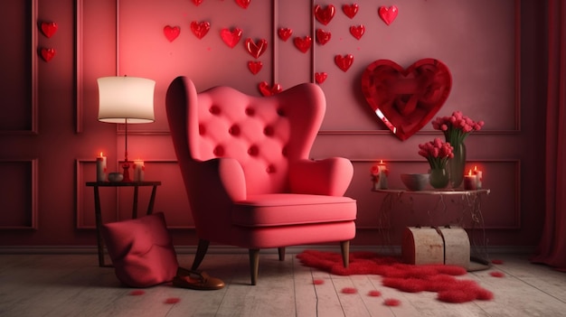 발렌타인 실내 공간에는 발렌타인 데이를 위한 빨간색 안락의자와 가정 장식이 있습니다. Generative AI