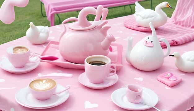 Valentine love pink background with toys and a cup of coffee on a pink tablecloth