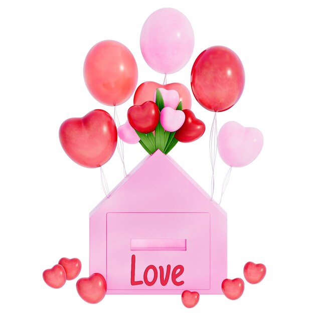 Valentine mailbox with Heart Balloon Bouquet on a white background 3D rendering