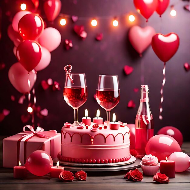 valentine party cake with candles and drinks