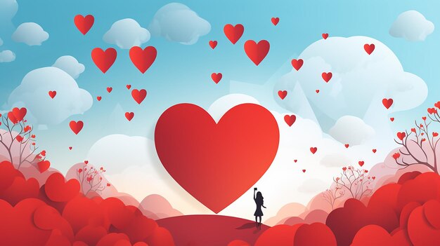 バレンタインの赤い紙の心臓と空の背景の女性