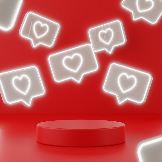 valentine red podium with neon love signs, 3d render