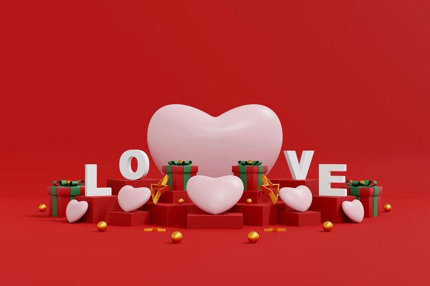 バレンタインの背景 バレンタインデーのモックアップで製品プレゼンテーションをブランディングするための抽象的な背景最小限のスタイルと、空のスペース 3D イラストを使用したテンプレートシーン