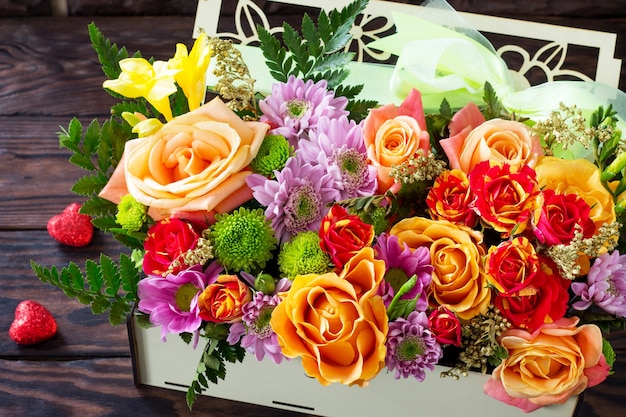 Valentine's background or wedding day. Beautiful bouquet of flowers as a gift.