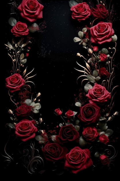 Photo valentine's border design with red roses and romantic motifs surrounding a blank space