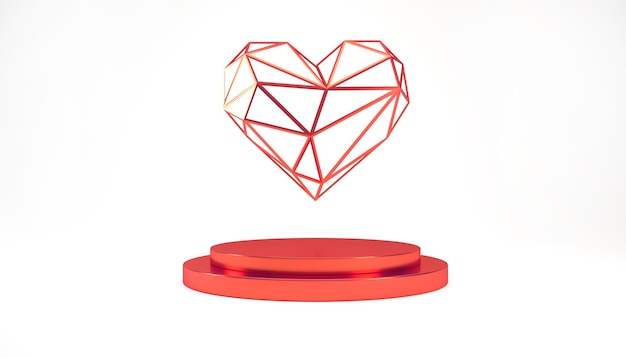 Valentine's day 3d shiny red podium or pedestal with red metal heart on white background, 3d render.