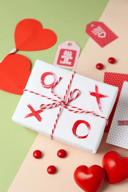 Valentine's Day accessories on two tone background, close up