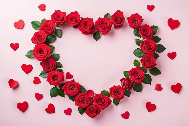 Valentine's Day achtergrond Rose harten natuurlijke creatieve compositie bovenkant achtergrond met kopieerruimte voor uw tekst Flat lay