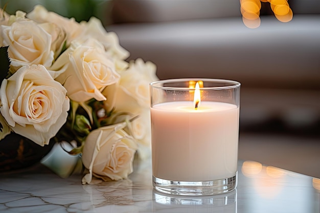 Valentine s Day ambience is enhanced by a luxury scented candle displayed on a white marble table co
