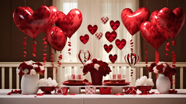 Valentine's day background group of red heart shaped foil balloons and three gift boxes