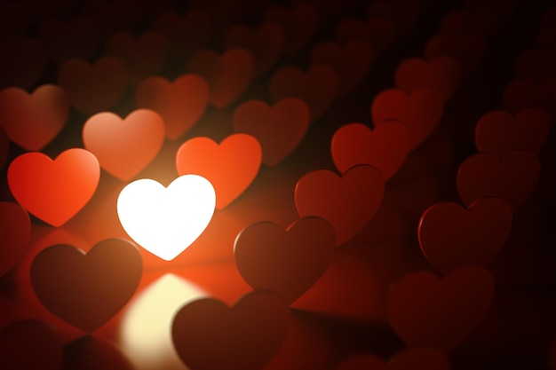 Valentine's day background Love concept One glowing heart in a row of red hearts