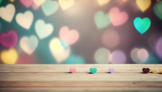 valentine's day background with empty wooden table for product display, bokeh lights