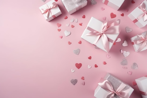 분홍색 배경에 선물 상자와 하트가 있는 발렌타인 데이 배경 Generative AI
