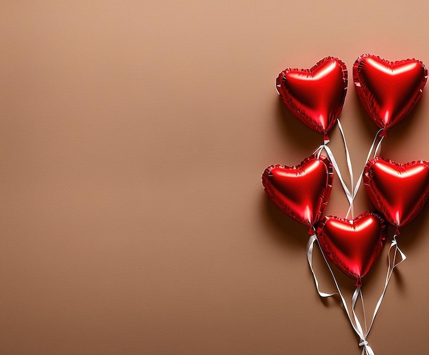 나무 테이블에 하트 풍선과 붉은 심장이 있는 발렌타인 데이 배경