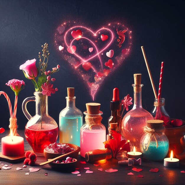 Valentine's day background with love potion hearts and flowers