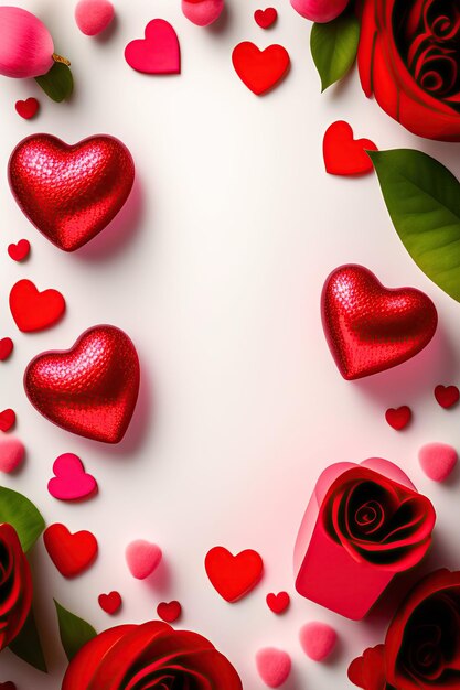 Valentine's day background with red card hearts decorations and small gift